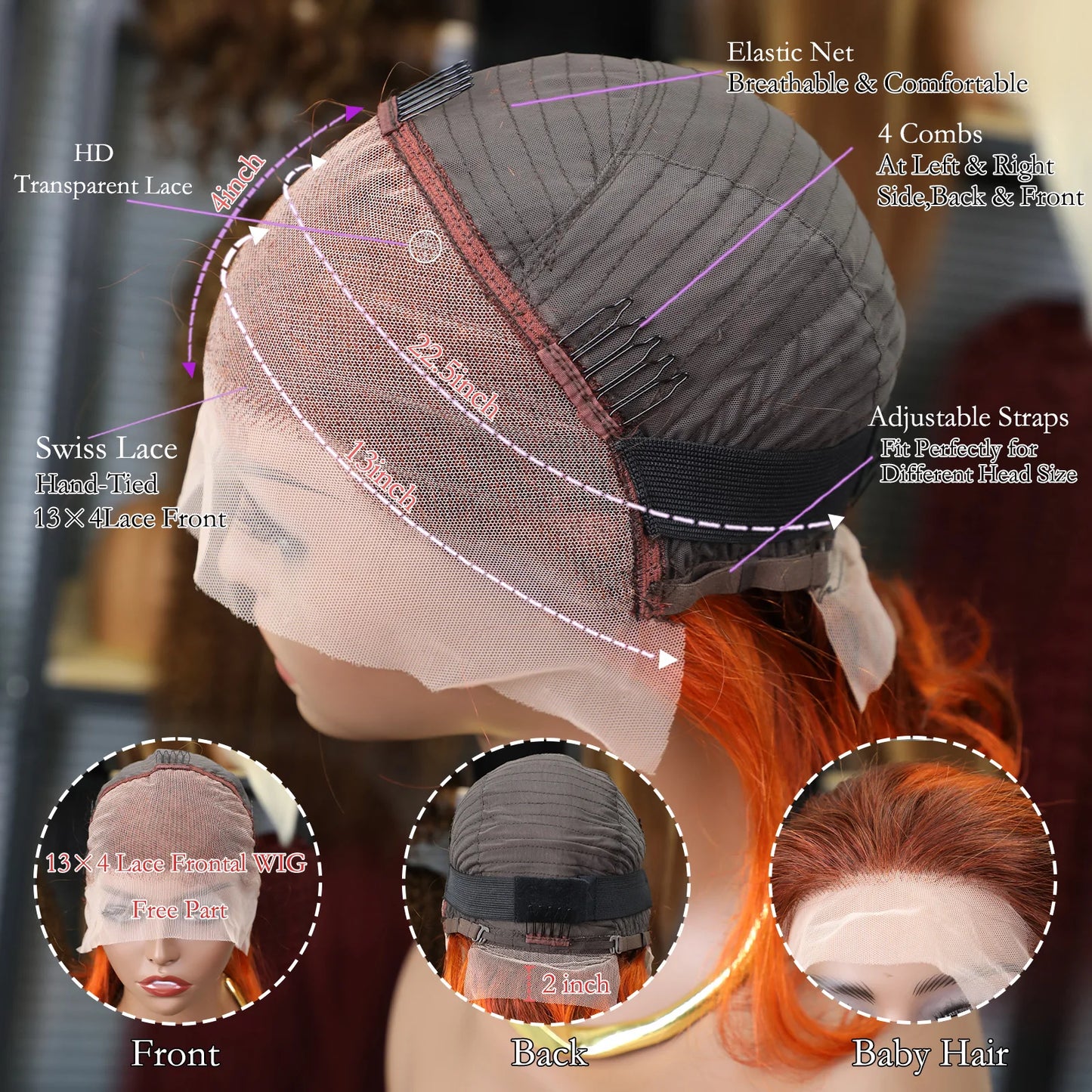4/350 Brown Ginger Orange Color Short Straight 13x4 Bob Human Hair Wigs 200%Density Lace Frontal Pre Plucked Wig For Women