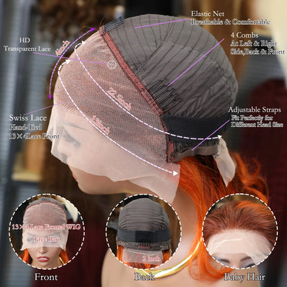 4/350 Brown Ginger Orange Color Short Straight 13x4 Bob Human Hair Wigs 200%Density Lace Frontal Pre Plucked Wig For Women