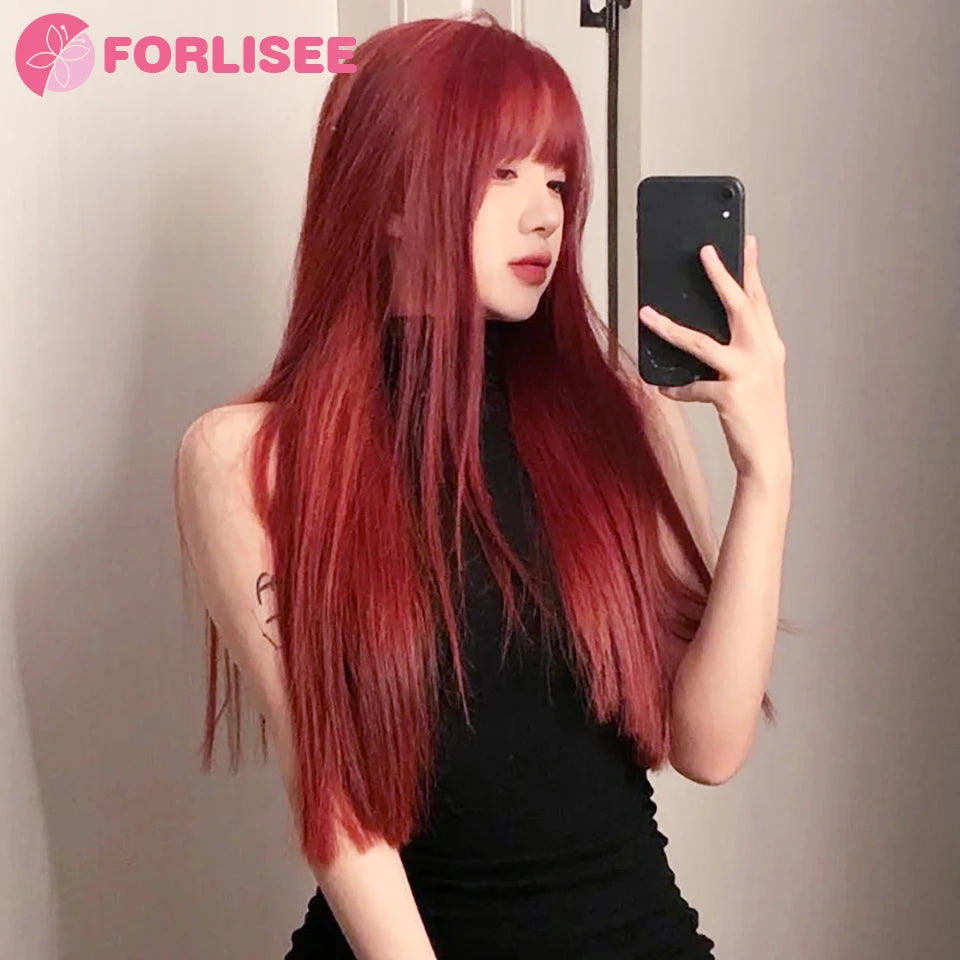 FORLISEE Synthetic Rose Wine Red Long Straight Hair With Bangs Wig Matte High-temperature Silk Breathable And Natural In Summer