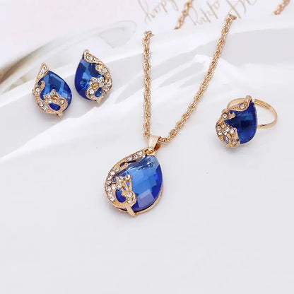 Delysia King  4PCS Trendy Water Droplets Peacock Jewelry Set Crystal Elegant Necklace/Earrings/Ring for Cocktail