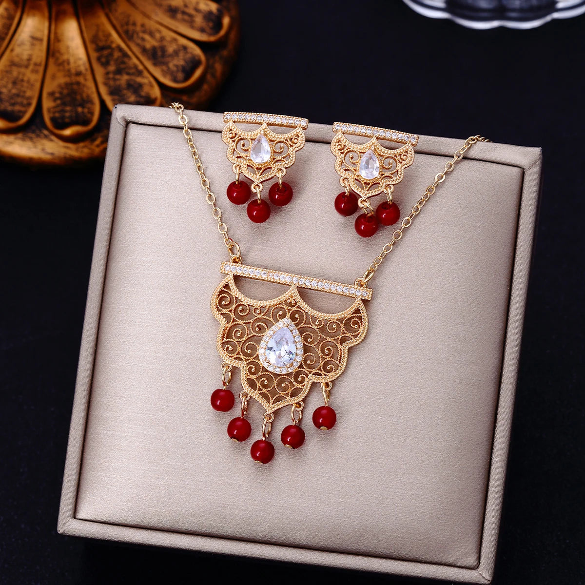 Ethnic Vintage Indian Jewelry Set for Women Bijoux Retro Gold Plated Round Beads Tassel Earring Necklace Sets Luxury Dubai Jewel