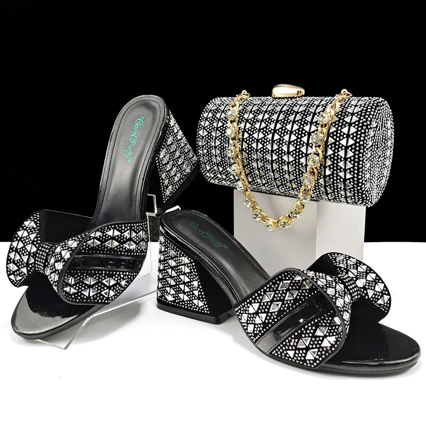 Italian Fashion Banquet Shoes and Bags Women's Hand Bags with Rhinestone Decoration and Women's High Heels