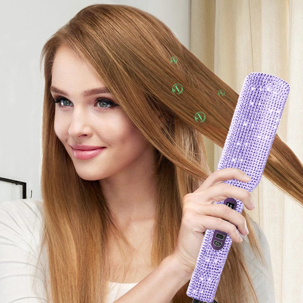 RUCHA Rhinestones Hair Straightener 240°C Fast Heat UP Titanium Wide Plate Flat Iron LCD Display Hair Styling Tool For Gift Travel