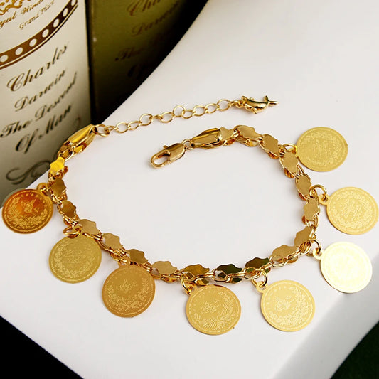 New Handmade Turkish Coin Bracelet Bangle for Women Gold Plated Bridal Jewelry Chain Copper Alloy Ethnic Wedding