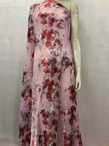 Fashion Soft  Print Satin Silk Fabric With Swiss Voile Lace For Party Lady Dress Sewing Material 5+2 Yards/Set