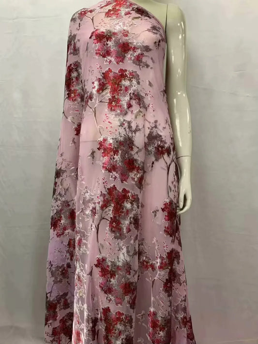 Fashion Soft  Print Satin Silk Fabric With Swiss Voile Lace For Party Lady Dress Sewing Material 5+2 Yards/Set