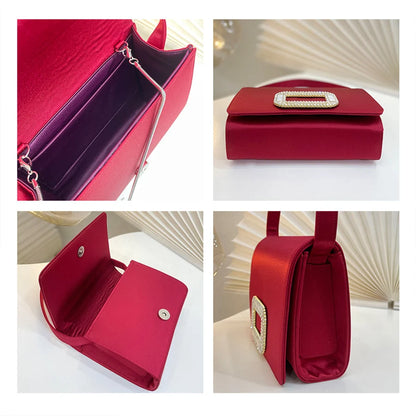 Andralyn Luxury Diamond Square Button Women's Evening Bag Party Clutch Purses Satin Rhinestone Small Square Bag Chains Shoulder Bag Bolsa