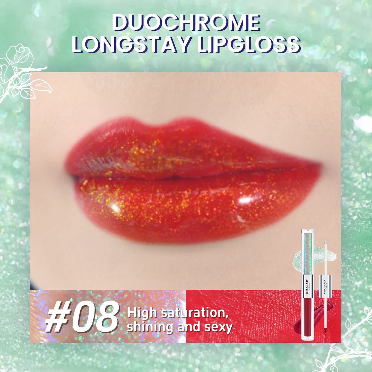 CHARMACY 2 in 1 glitter lip gloss Moisturing longstay duochrome lip glaze 8 color makeup for women