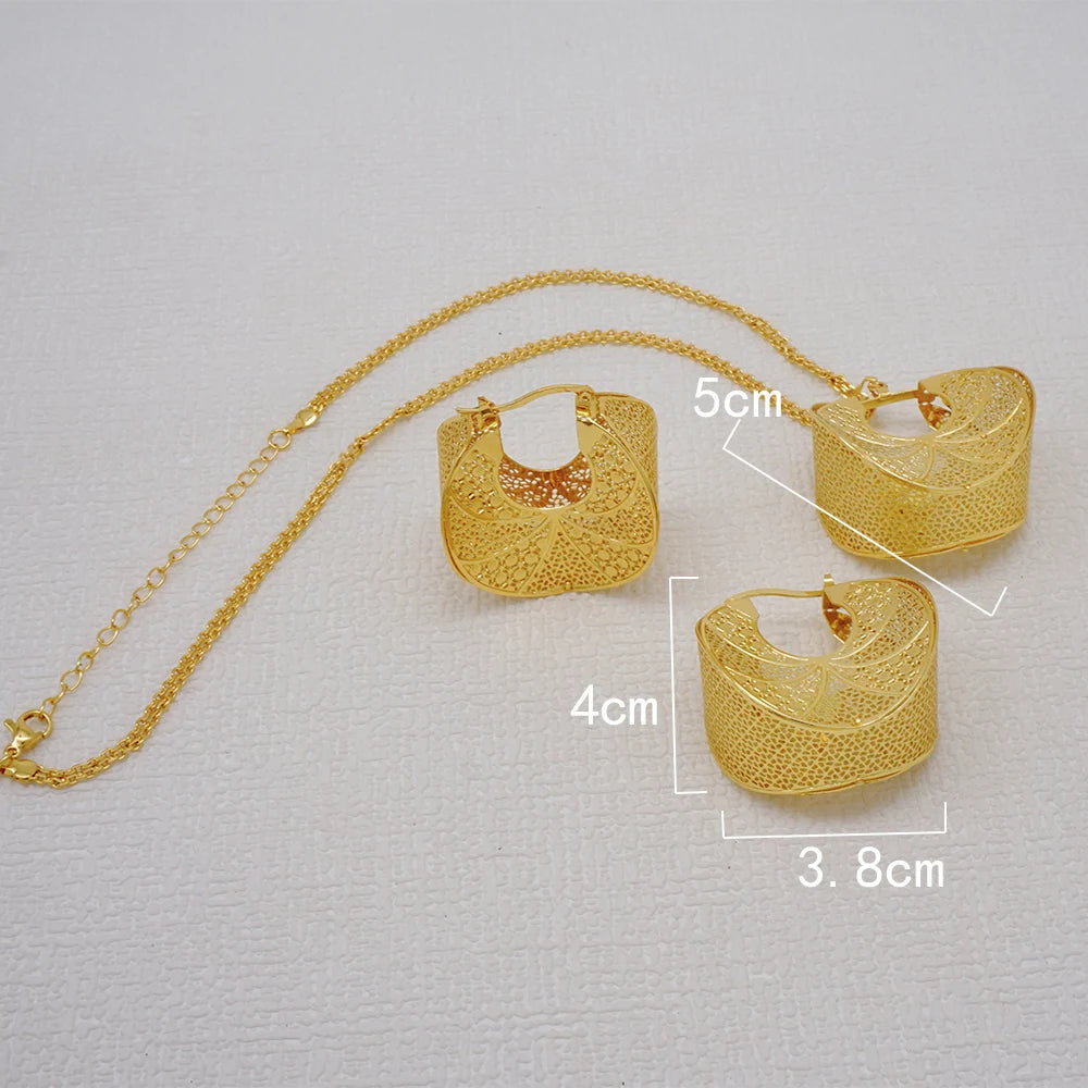 Fashion Dubai Jewelry Sets Gold Color Pendant Copper Classic Earrings Necklace For Women Daily Wear Party Anniversary Gifts