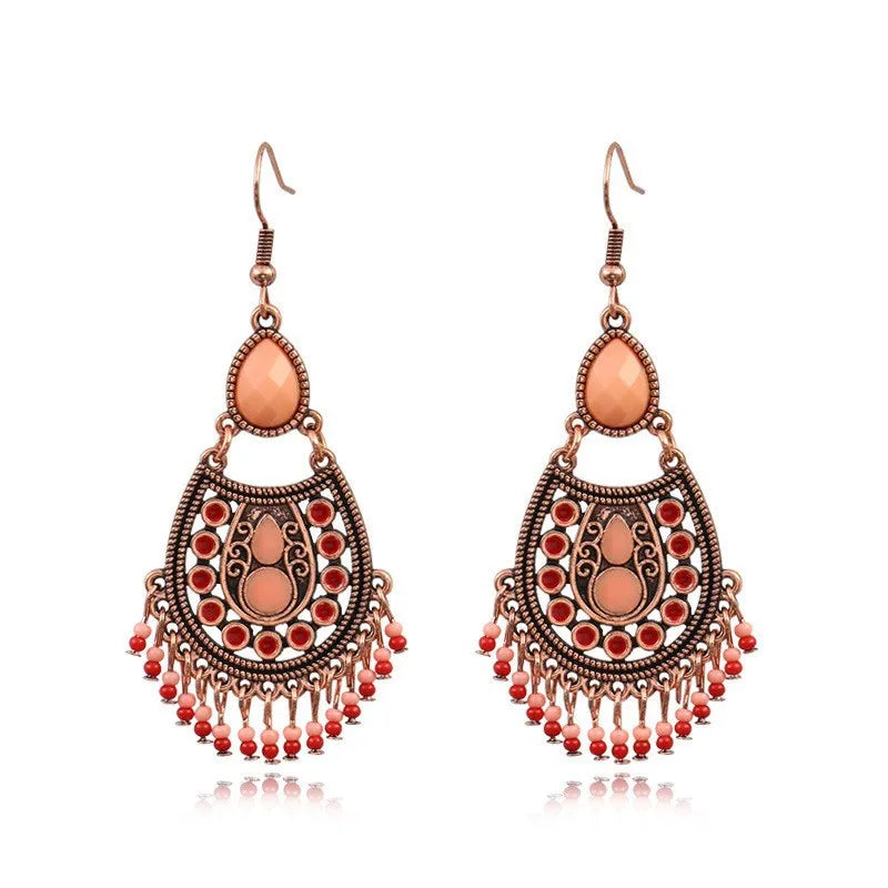 Ethnic Orange Beads Tassel Drop Earrings for Women Antique Gold Plated Geometric Pendientes Earring Boho Vintage Jewelry