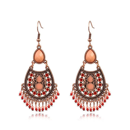 Ethnic Orange Beads Tassel Drop Earrings for Women Antique Gold Plated Geometric Pendientes Earring Boho Vintage Jewelry