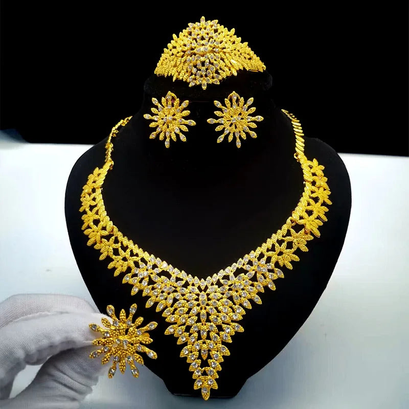 Gold Color Hollow Earrings Necklace Bead Set Fashion Women Dubai Africa Luxury Punk Jewelry Set Choker Wholesale Round Bangle