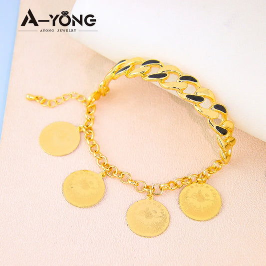 Arab Gold Color Coins Cuff Bracelet 21k Gold Plated Italian Fashion Snake Bangles with Zircon Dubai Women Luxury Vintage Jewelry