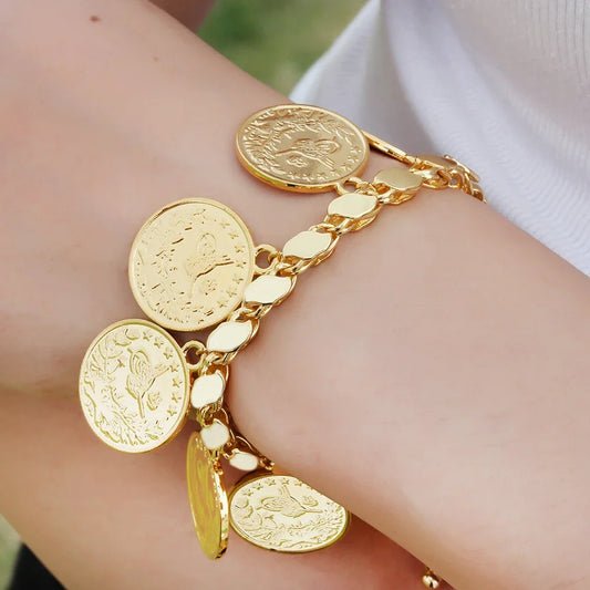 Punk Personality Gold Plated Portrait Coins Bracelet Bangle for Women Round Pendant Carved Turkish Flower Jewelry Accessories