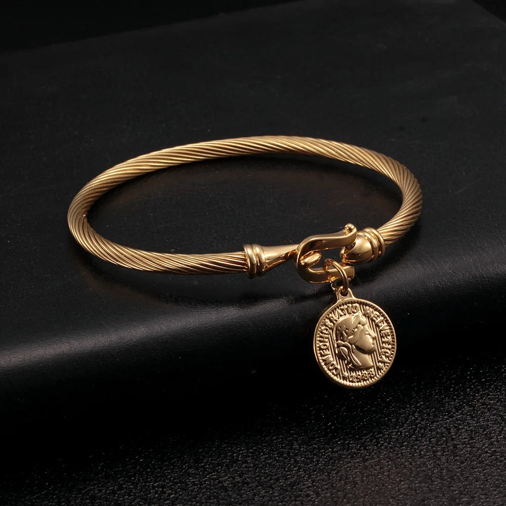 Stainless Steel Queen Coin Gold Plated Trendy Bracelets For Men Women Wedding Hook Closure Bangle Jewelry Birthday