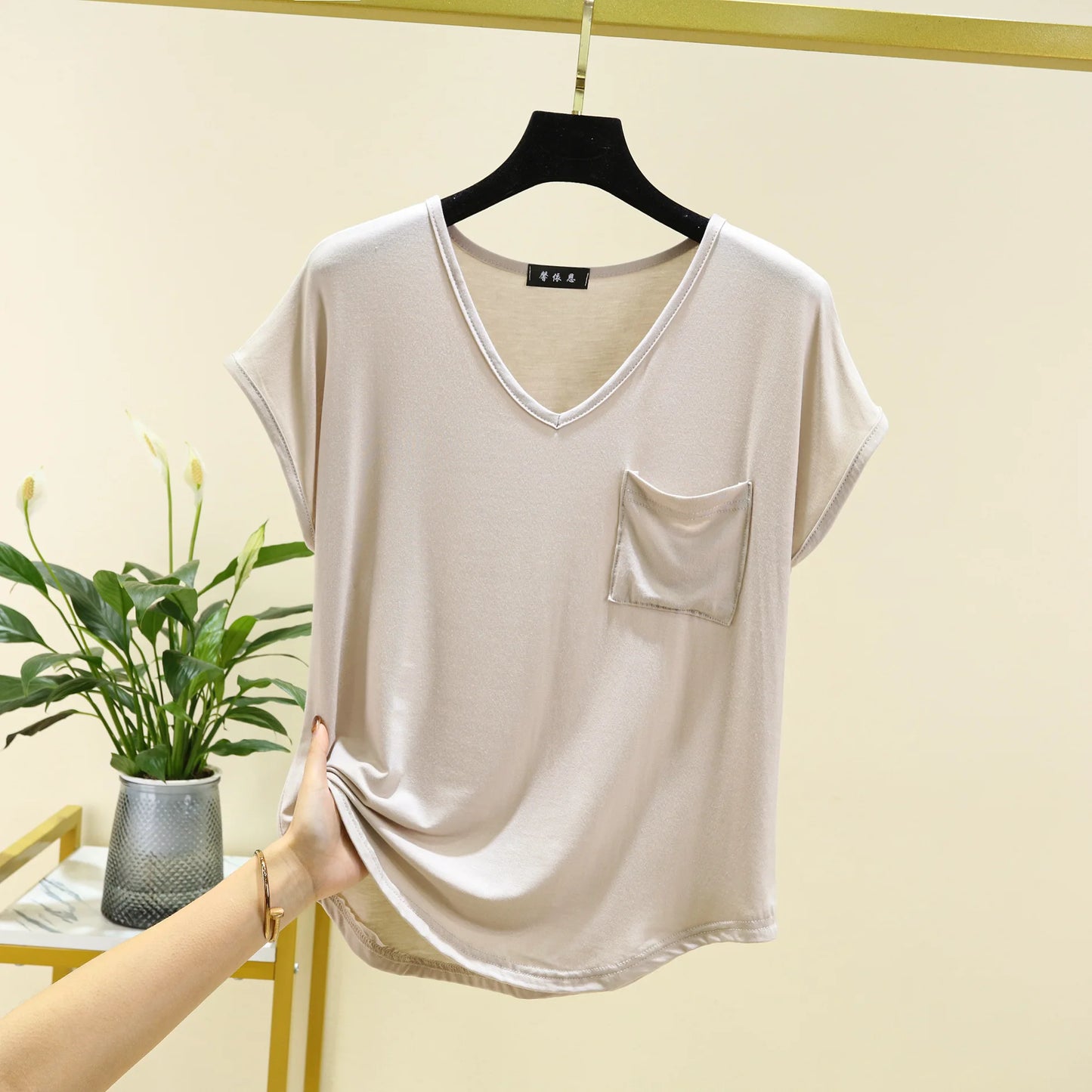 Summer Thin Tshirts V-Neck short sleeves Women Modal Loose T-Shirt with pocket Solid color Plus size Basic Tee Tops