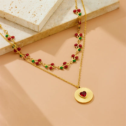DIEYURO 316L Stainless Steel cherry Circular Inlaid Red Heart Zircon Double-layer Necklace WomensTrend Neck Chain Jewelry Gift