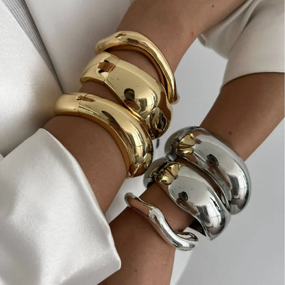 DIEZI Vintage Wide Cuff Bangles Hip Hop Punk Gold Silver Color Geometric Metal Spring Bangles For Women Bracelets Jewelry