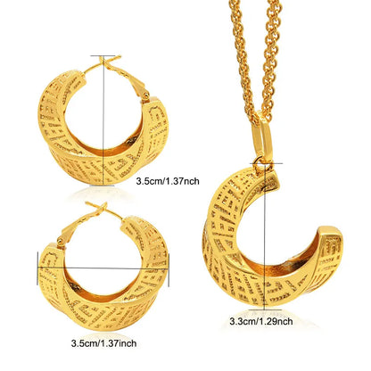 24K Gold-plated Two Piece Copper Jewelry Set India Dubai Jewelry Gold Warped Geometry Necklace Earrings