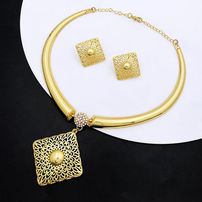 Gold Color Dubai Jewelry Necklace Earrings Set For Women Square Shape Pendant Bride Wedding Party Gift