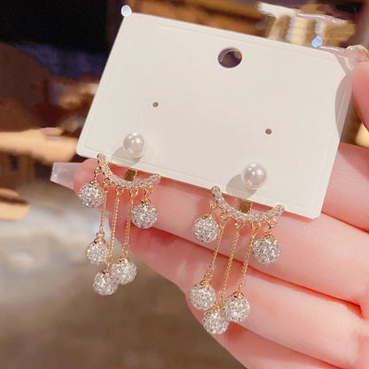Rhinestone Ball Tassel Earrings Silver Needle Fashion Red Long Earrings For Women