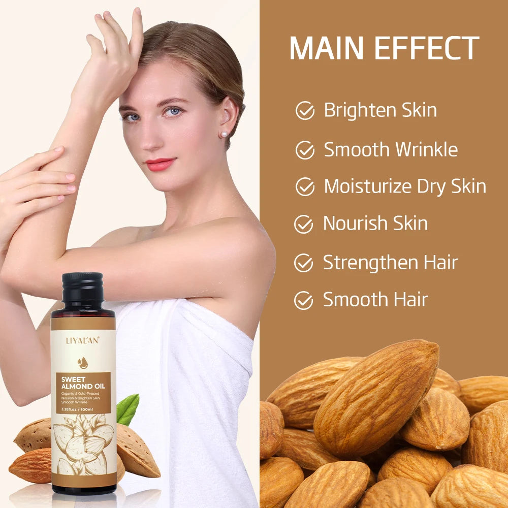 LIYALAN 100ml Sweet Almond Oil Body Care Massage Nourish Moisturize Dry Skin Smooth Wrinkle Strengthen Hair Pure Natural Skin Care