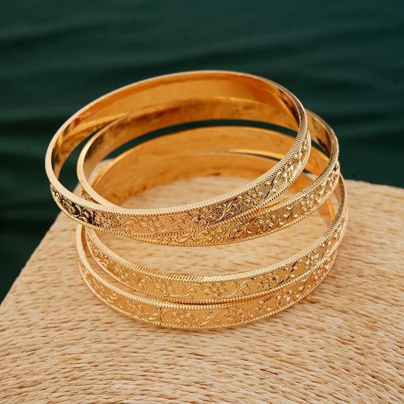 Herseygold Middle East Flower Carved Hand Bangles Gold Color Arabic Dubai Bridal Charm Bracelet Bangle Metal Jewelry Accessories for Women