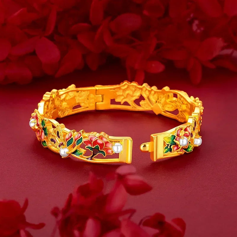 Real 100% Gold 24K Yellow Gold Vintage Enamel Peony Flower Cuff Bracelet for Women Bangles Wedding Fine Jewelry