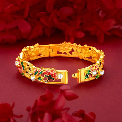 Real 100% Gold 24K Yellow Gold Vintage Enamel Peony Flower Cuff Bracelet for Women Bangles Wedding Fine Jewelry