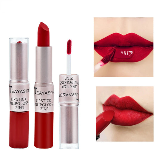 TEAYASON 2 IN 1 Long Lasting Velvet Matte Lipstick Double Head Lip Gloss Non-stick Cup Lip Gloss Tint Plumper Waterproof Lipstick Makeup