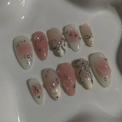 24pcs French Almond Press on Nails Valentine's Day False Nails 3D Bow knot Wearable Stick-on Nails Fake Nail