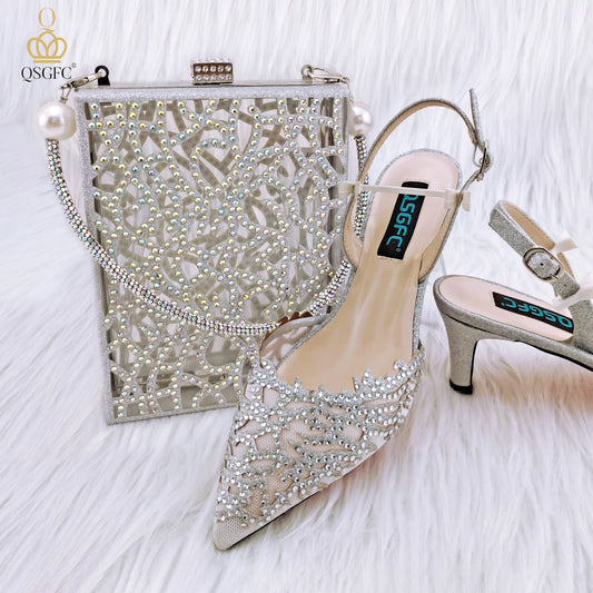 QSGFC Trendy Hundred With Silver Pointed Toe High Heels Of The Same Color Small Rhinestone Decoration Party Ladies Shoes And Bag