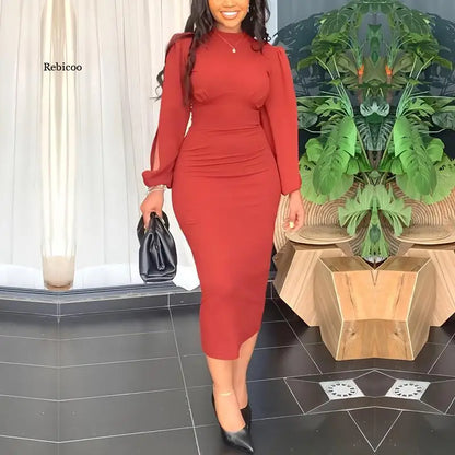 Elegant Women Slim Dress Fashion Round Neck Hollow Out Sleeve Bodycon Midi Dress Pencil Dress - Polyester