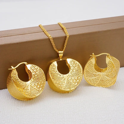 Fashion Dubai Jewelry Sets Gold Color Pendant Copper Classic Earrings Necklace For Women Daily Wear Party Anniversary Gifts