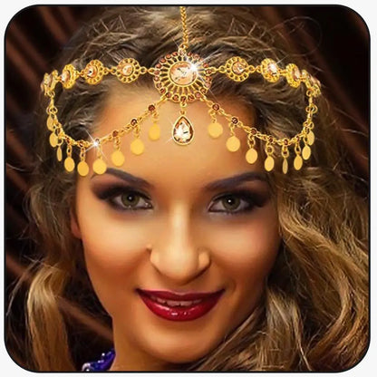 Egyptian Crystal Forehead Headpiece Gold Color Alloy Hollowed Rhinestone Coin Tassel Head Chain Women's Dance Accessories