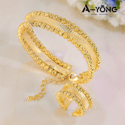 Italian Elegant Gold Bracelet and ring  Set 21k Gold Plated Turkish Bead Openwork Copper Bracelets Ring Luxury Dubai Style Bridal Jewelry