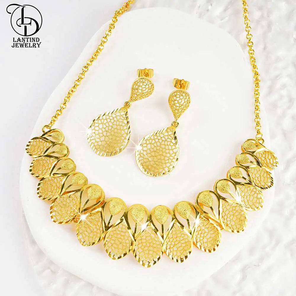 Dubai Style Cut Out Leaf Necklace Middle Eastern Fashion Ladies 24K Gold-Plated Water Drop Pattern Earrings Fashion Bridal Copper Jewelry Set