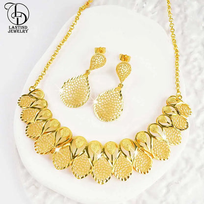 Dubai Style Cut Out Leaf Necklace Middle Eastern Fashion Ladies 24K Gold-Plated Water Drop Pattern Earrings Fashion Bridal Copper Jewelry Set