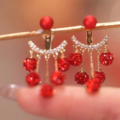 Rhinestone Ball Tassel Earrings Silver Needle Fashion Red Long Earrings For Women
