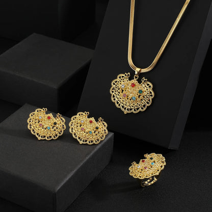 luxury zircon Stainless steel gold lock Pendant Jewelry Sets for Women  Necklace Earrings Ring bride wedding dress jewelry