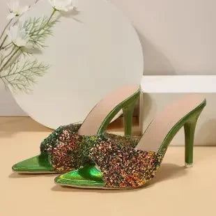 High Heels Slippers Womens Summer New Sexy Open Toe Stilettos Sandals Woman Luxury Sequined Pointed Banquet Party Pumps