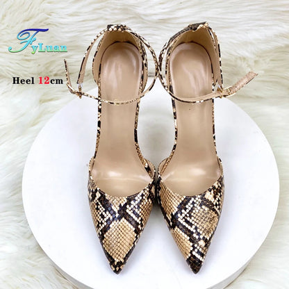 New 8cm 10cm 12cm Women High Heeled Sandals Brown Snake Print Thin Heel Stiletto Valentine's Day Evening Party Pointed Toe Shoes