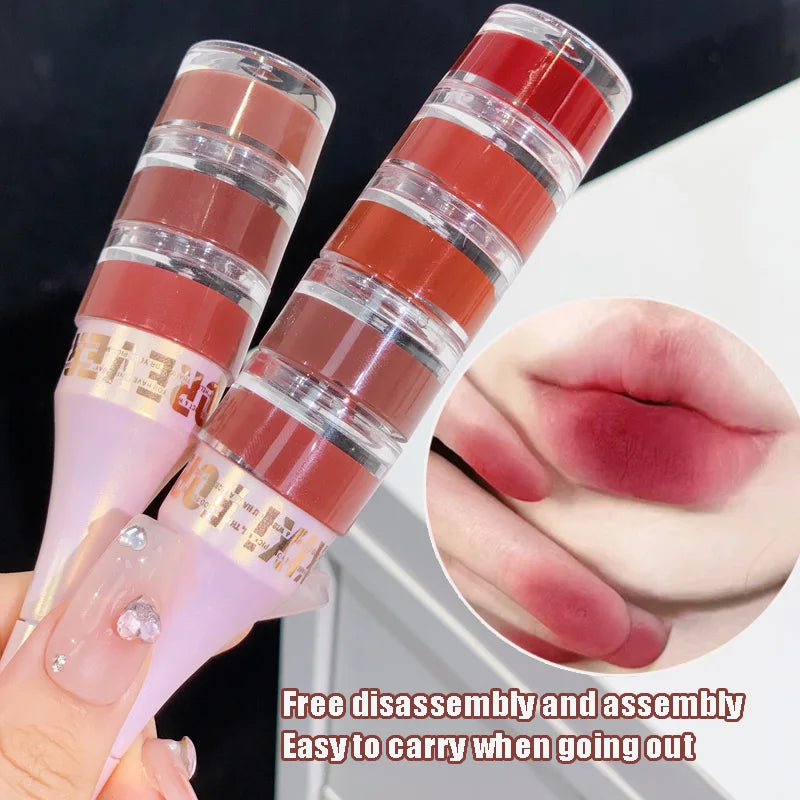 Tri-colour Canned Lip Mud Clay Matte Lipstick Blush Makeup Kit With Lip Brush Non-stick Cup Mousse Red Lip Tint Pigment Cosmetic