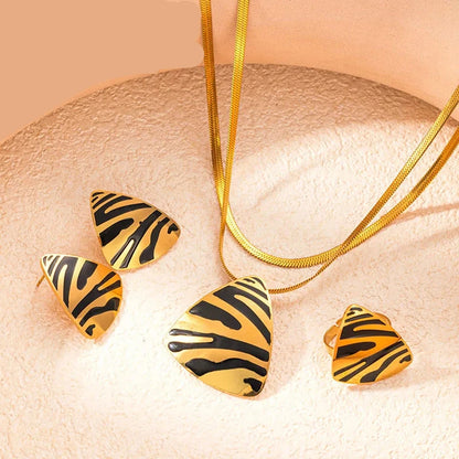 ANENJERY 316L Stainless Steel Tiger Stripe Necklace Earring Ring For Women Vintage New Trend Jewelry Set