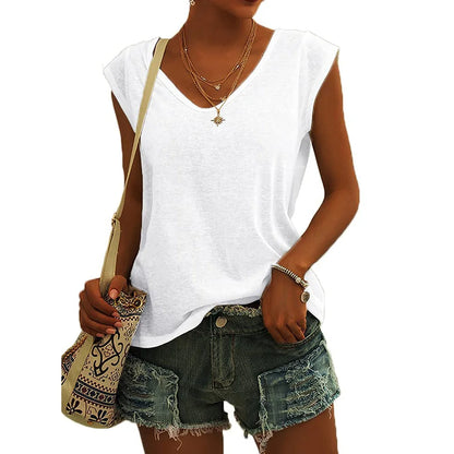Summer Fashion Street V-neck T-shirts Women Fitness Tank Top Camisole Solid Color Breathable Cool Vest Tops Female Clothing