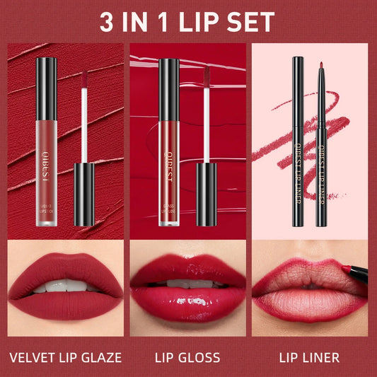 New 3pcs/set Liquid Lipstick Lip Liner Long Lasting Cosmetic Black Brown Purple Red Matte Lip Gloss Nude Lip Tint Stain Makeup