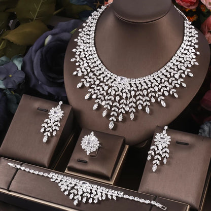 Janekelly 4pcs Bridal Zirconia Full Jewelry Sets For Women Party, Luxury Dubai CZ Crystal Wedding necklace sets