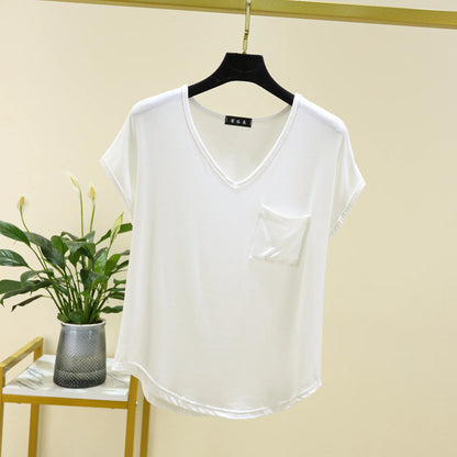 Summer Thin Tshirts V-Neck short sleeves Women Modal Loose T-Shirt with pocket Solid color Plus size Basic Tee Tops