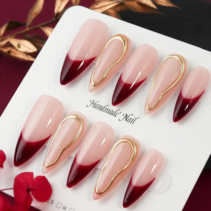 10pcs Handmade Press on Long Almond False Nails Metal Surface French Gorgeous Style 3D Full Coverage False Nails, Reusable