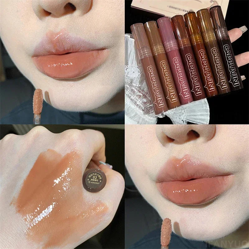 Chocolate Lip Gloss Long Lasting Moisturizes Dark Brown Lip Glaze Transparent Glass Mirror Water Liquid Lipstick Clear Makeup